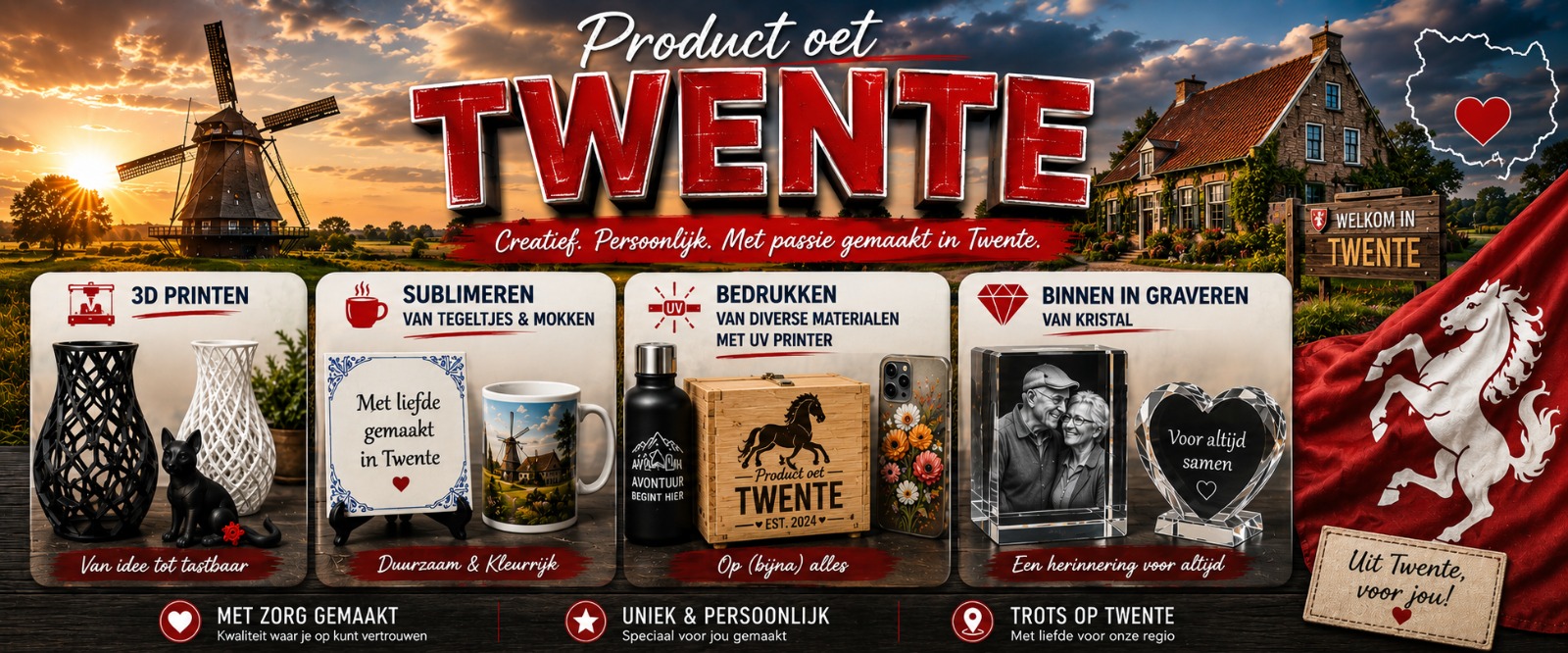 Product oet Twente: 3D-printen, sublimatie, UV-bedrukking en kristalgraveren